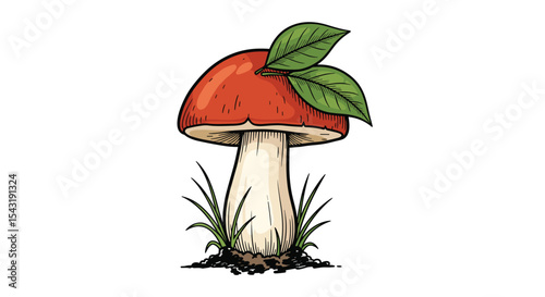 The Edible Mushroom of Reddish Color with Leaves around Its Cap Found in Forest