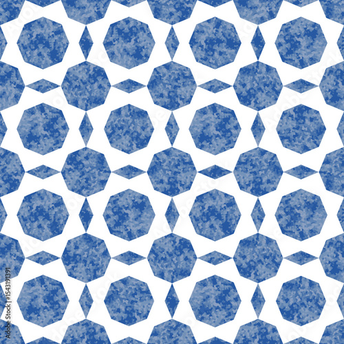 Vector seamless pattern of blue watercolor painted ornate mosaic on a white backdrop