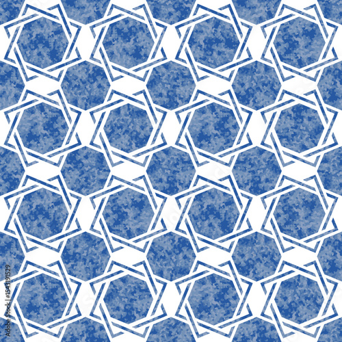 Vector seamless pattern of blue watercolor painted ornate mosaic on a white backdrop