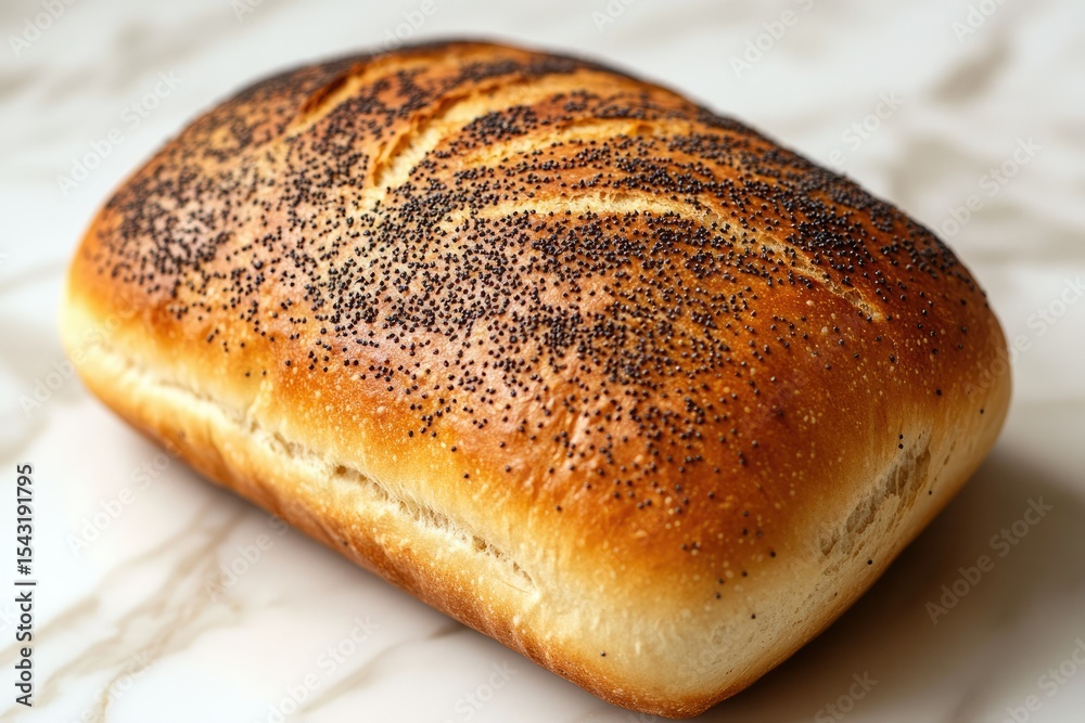 A golden-brown poppy seed bread loaf, baked to perfection. A golden-brown poppy seed bread loaf, baked to perfection.