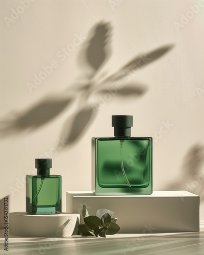 Minimalist arrangement featuring a green perfume bottle with elegant packaging and soft light for a calming aesthetic