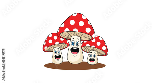 Whimsical Mushroom Family with Cartoon Faces in a Charming Forest Illustration Style