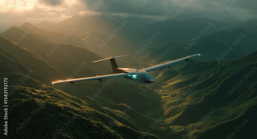 Fototapeta premium A cargo drone flies high above a lush, mountainous region during the twilight hours.
