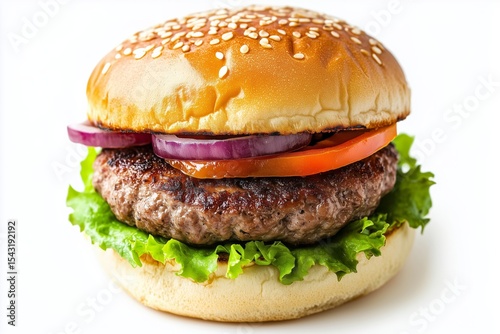 Delicious camel burger with lean meat patty, fresh vegetables, and sesame bun ready to be enjoyed on a white background