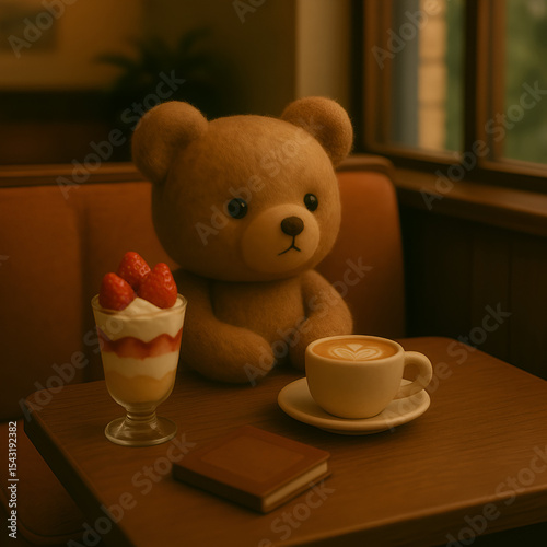 カフェのボックス席でパフェとラテを前に物思いにふけるテディベアのぬいぐるみ｜ぬい撮り×カフェ時間×癒しのスイーツと空想の物語