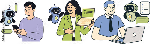 AI Assistant Vector Illustration, People Interacting with AI.