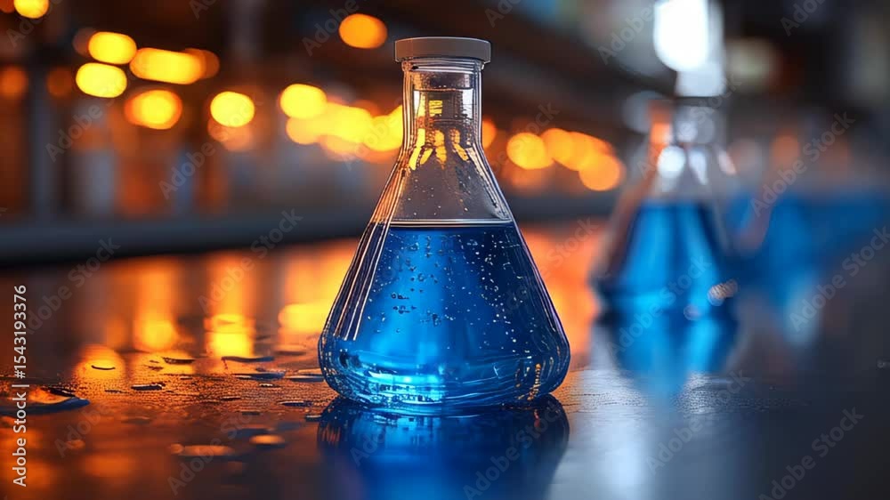 Bright blue liquid is observed inside a glass flask on a lab table. Other glassware is visible in the background, reflecting warm light. A scientific atmosphere is present, highlighting chemistry.