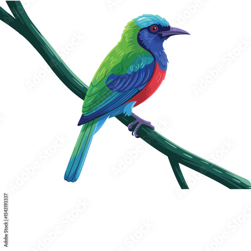 Vector Illustration of a Colorful Tropical Bird Perched on a Tree Branch