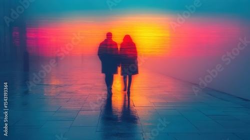Romantic couple walking on reflective wet ground at sunset artistic bright colors and motion blur creating ethereal mood