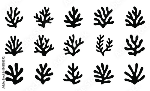 Collection of stylized black coral reef designs perfect for marine themed branding logos and ocean inspired patterns, silhouette