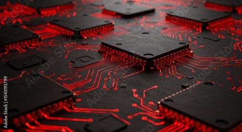 Illuminated circuit board with integrated microchips and glowing red pathways