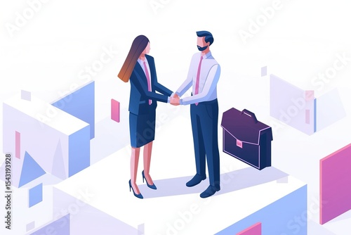 Professional corporate handshake between two business people in isometric 3D illustration style with soft colors and simple composition, white background with space for text, conveying trust