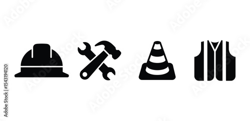 Construction Work Safety Icons: Hard Hat, Tools, Cone, and Vest

