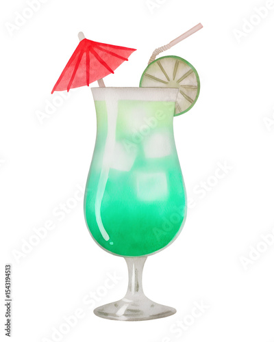 Watercolor illustration of a green cocktail with umbrella on transparent background.