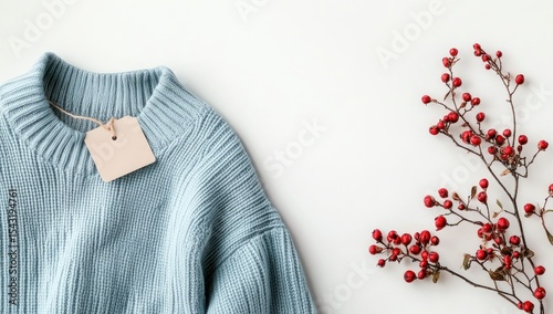 Light blue knitted sweater with a tag and winter berries