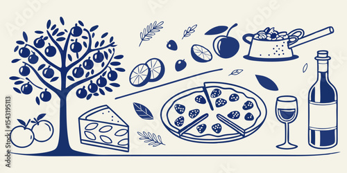 Mediterranean food illustration with pizza and wine