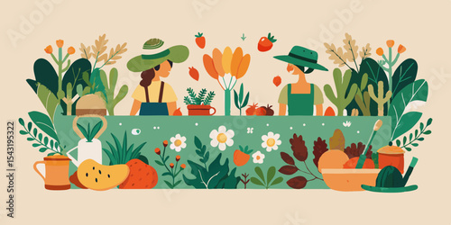 Two women gardening together in a vibrant garden