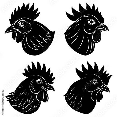 Collection of four black and white rooster head illustrations in varying styles and orientations