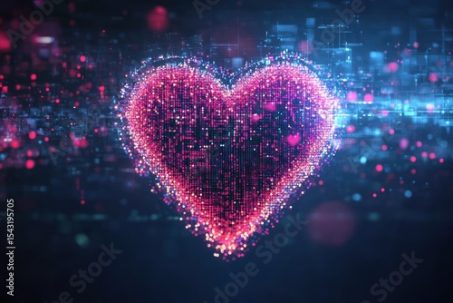 Digital pixel heart icon floating in cyberspace, tech romance or health interface
