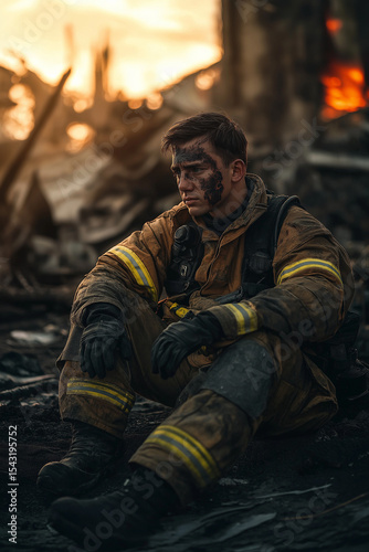 A tired firefighter in protective gear sits on debris with a face covered in soot during sunset