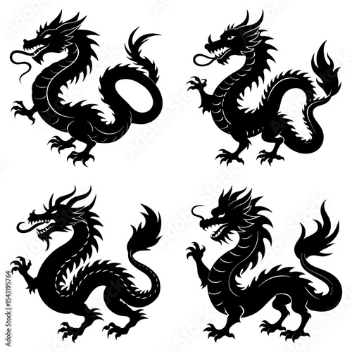 Four black silhouette dragons with intricate details on a white background in various poses and positions