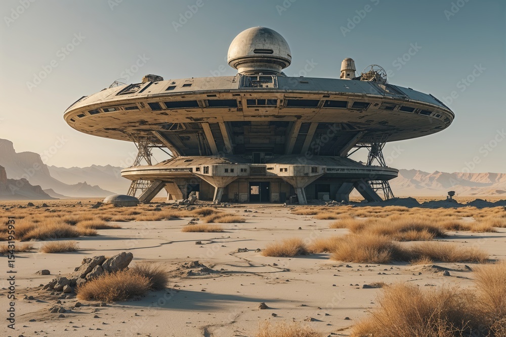 Fototapeta premium Abandoned Alien Outpost in a Decaying Complex on a Barren Sci-Fi Landscape
