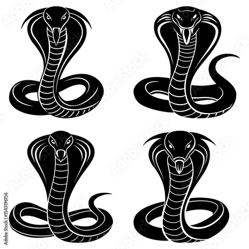 Four black cobra snake illustrations with hood flared and coiled body in a vector format design set
