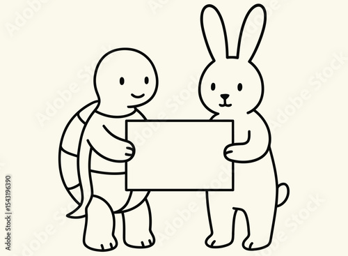 Turtle and Bunny Holding Blank Sign Editable Cute Animal Line Art