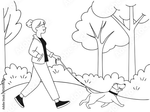 Girl with a dog. Woman with a dog. Outline drawing. Vector illustration