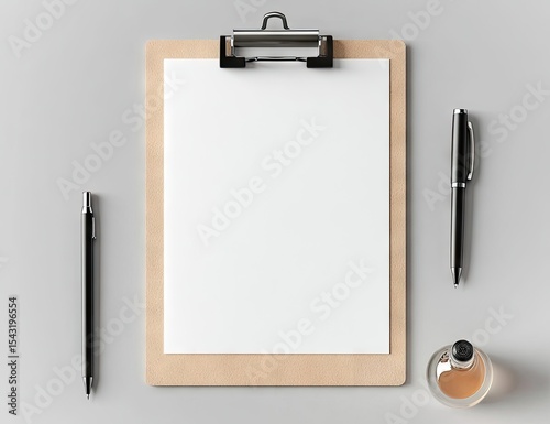 Blank clipboard with pens and a small vial