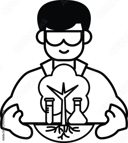 A man in a lab coat holding a plant and a beaker