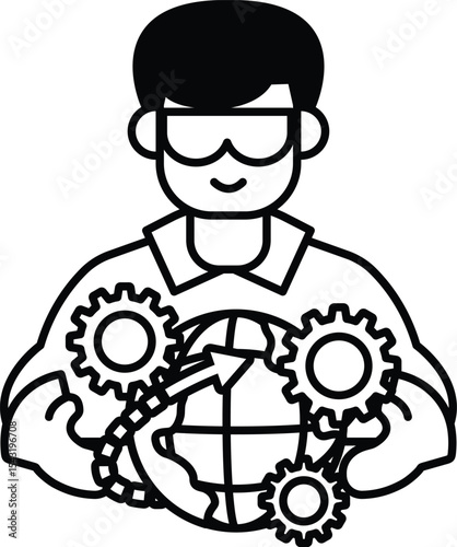 A man is holding a globe with gears on it