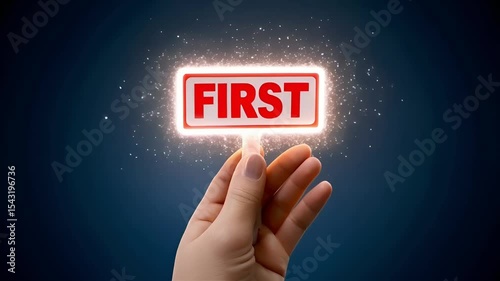 A hand holds a glowing, red and white sign displaying the word FIRST