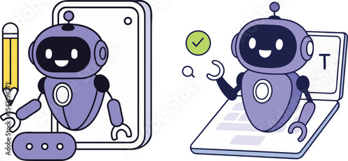 Cute Robot Assistants Vector Illustration on White Background