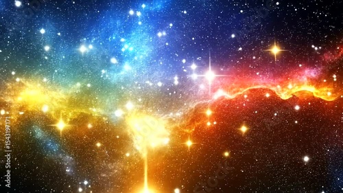 A vibrant cosmic landscape showcasing a colorful nebula with twinkling stars in the background