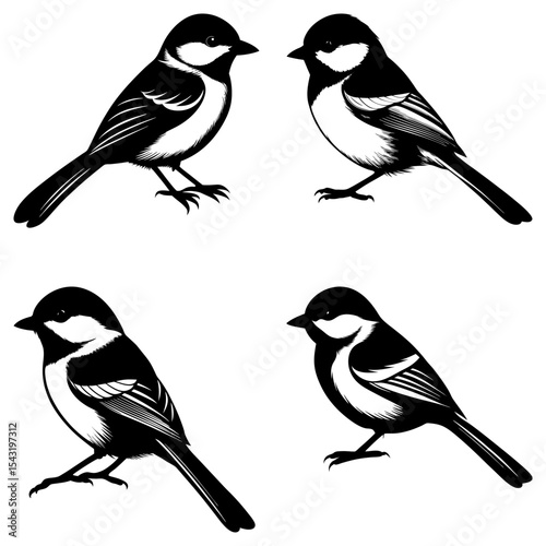 Four black and white chickadee birds in various poses on a white background illustration image art