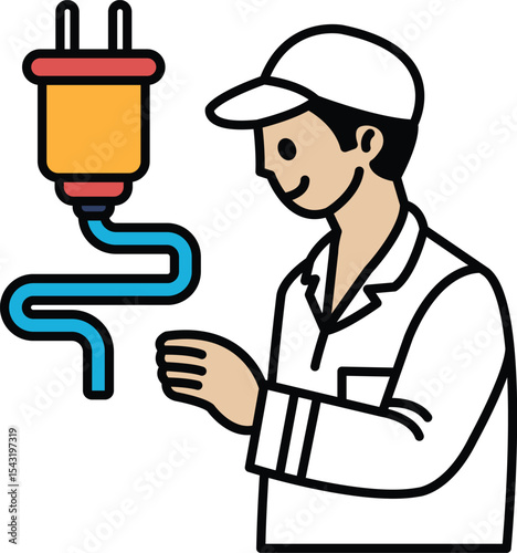 A man is fixing a wire with a plug