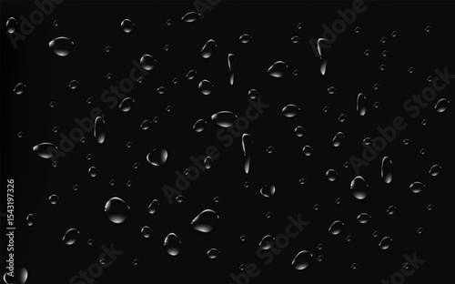 Rain transparent drops flow down the glass، realistic wet condensation texture، fresh water splash
