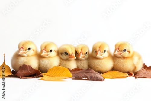 Little Yellow Chicks Portrait A Quintet of Fluffy Baby Birds on Autumn Leaves on White Background. Generative Ai