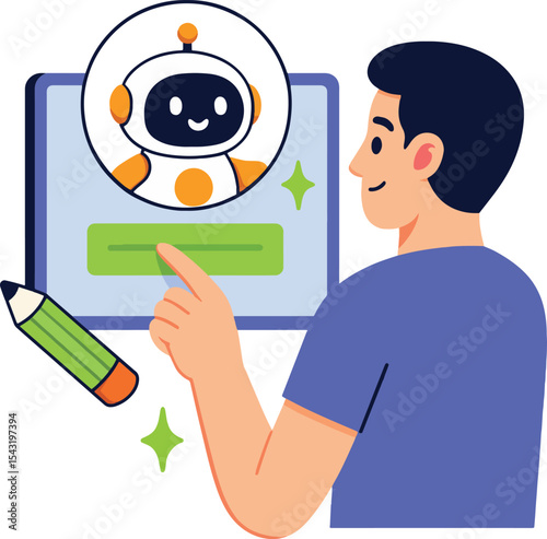 AI Assistant Concept. Man Interacting with Chatbot, Vector Illustration.