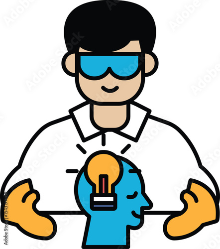 A man in a lab coat is holding a blue head with a light bulb on it