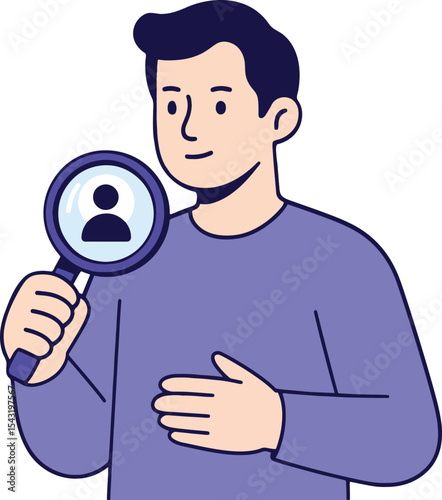 Recruitment Vector Illustration: Man with Magnifying Glass Looking for Candidates.
