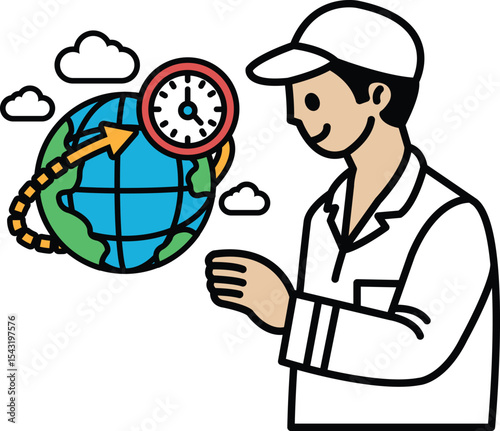 A man is pointing at a clock that is showing the time as 3:00