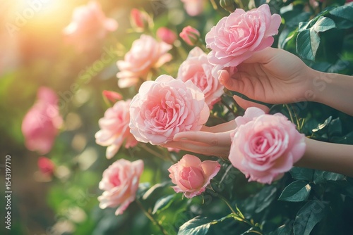 Delicate hands caressing blooming pink roses in a lush garden, soft light