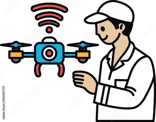 A man is holding a remote control and pointing it at a drone