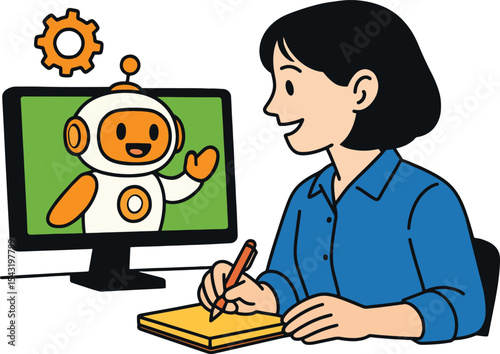 Online Education: Woman learning about AI from robot teacher on screen, vector illustration