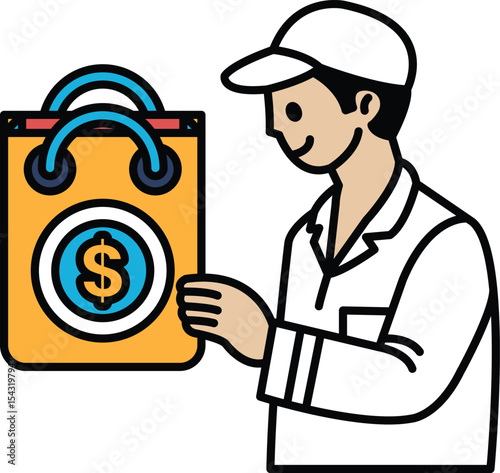 A man is holding a bag with a dollar sign on it