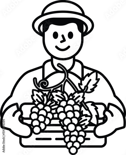 man in a shirt and hat is holding a basket of grapes