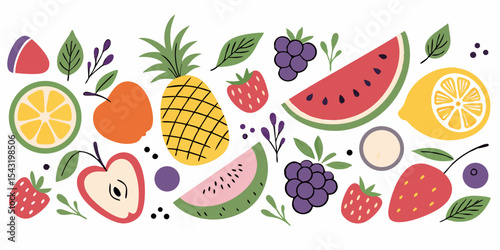 Colorful flat lay of fresh fruits and berries