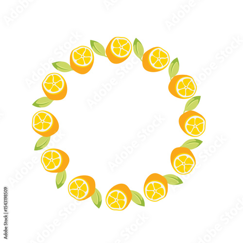 Round Lemon frame. Simple yellow Lemon slice Wreath with green Leaves. Slice of citrus and foliage. Decoration element for cards and seasonal decor, menu. Vector flat illustration.